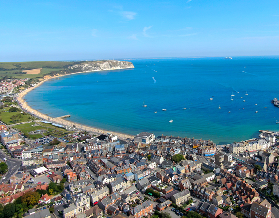 image an aerial view of Swanage Bay, Dorset