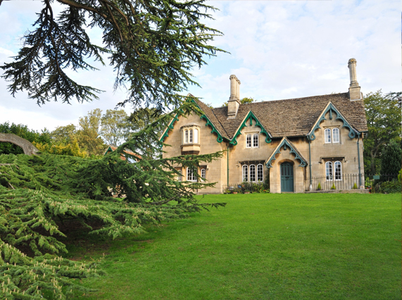 Large leafy tree and grass lawn of a country house on a street in an English villa